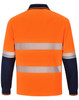 An orange long-sleeve polo shirt with navy blue sleeves and reflective stripes, featuring a logo.