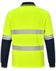 A long-sleeved, unisex safety polo shirt in high-visibility yellow with navy blue sleeves and reflective strips.
