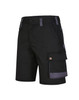 Unisex black utility stretch cargo work shorts with side pockets and a logo.