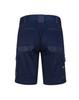 Navy unisex cargo work shorts featuring multiple pockets and a branding logo on the back.