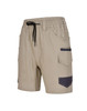 Unisex cotton stretch drill work shorts in beige with navy detailing and multiple pockets. Features an elastic waistband.