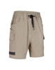 Unisex cotton stretch drill shorts in beige with pockets and an elastic waistband. Features branding.