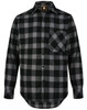 A unisex flannel plaid shirt in black and grey, featuring a button-up front and chest pocket, with a logo tag.