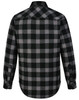 A back view of a unisex flannel plaid shirt in black and grey, featuring a checkered pattern and buttoned cuffs.