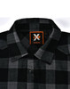 A black and grey flannel plaid shirt with a button-up collar and a branded label.