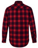 A unisex flannel plaid shirt in red and navy, featuring a button-up design and long sleeves. It has a logo on the back.