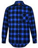 A blue and black plaid button-up shirt with a chest pocket and a logo on the collar.