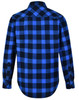 A unisex flannel plaid shirt in black and blue, featuring a button-up design and long sleeves.