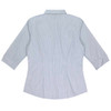 A button-up shirt in light blue with vertical stripes and 3/4 sleeves. Features a collar and has a logo.