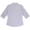 A button-up shirt with 3/4 sleeves in light blue and white striped pattern, featuring a collar and a back view.