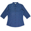 A navy blue button-up shirt with 3/4 sleeves and a fitted design, featuring a logo.