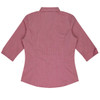 A button-up shirt featuring a 3/4 sleeve design in a pinkish-red fabric, with a fitted silhouette and back pleating.