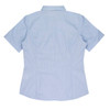 A short sleeve button-up shirt in light blue, featuring a fitted design and a back yoke. It includes a logo.