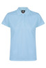 A light blue women's polo shirt with a classic collar and a fitted design. The shirt features a logo.