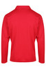 A red long-sleeve polo shirt with a collar, featuring a plain design and a branding logo on the side.