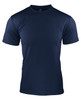 A navy blue men's t-shirt featuring short sleeves and a round neckline, with branding on the collar.