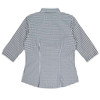 A button-up shirt in a black and white gingham pattern, featuring 3/4 sleeves and a collared neck.