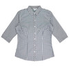 A black and white checked button-up shirt with 3/4 sleeves and a collar, featuring a subtle logo.