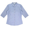 A button-up shirt featuring a blue and white gingham pattern with 3/4 sleeves and a collar. It has a logo.