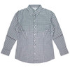 A long-sleeve button-up shirt featuring a black and white check pattern, with a collar and a logo.
