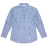 A blue and white checkered long sleeve button-up shirt, featuring a collar and a logo.