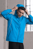 A blue men's jacket featuring a hood and zipper, with a sporty design and reflective detailing.