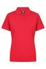 A red polo shirt with a collar and button placket, featuring a logo on the label.