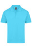 A turquoise polo shirt with a collar, featuring three buttons and a branding label.