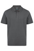 A grey polo shirt with a collar and three buttons, featuring a logo on the label.