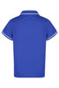 A blue polo shirt with contrasting white trim, featuring a classic collar and short sleeves. It has a logo.