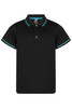 A black polo shirt with turquoise detailing on the collar and sleeves. It features a logo on the chest.