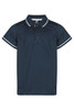 A navy blue polo shirt with contrasting white stripes on the collar and sleeves, featuring a button placket and a logo.