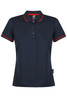 A navy polo shirt with red trim and a logo, featuring a classic collar and button closure.