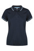 A navy blue polo shirt with a sporty design and contrasting light blue trims. It features a collar and button placket.