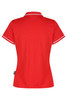 A red polo shirt with white trim and a branded logo, featuring a classic collared design.