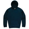 A navy blue hoodie featuring a kangaroo pocket and a hood, with a logo on the label.