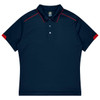 A navy blue polo shirt with red accents and a collar. It features a logo on the chest area.