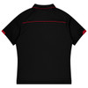 A black polo shirt with red accents and a logo on the back, designed for sports uniforms.