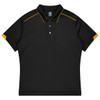 A black polo shirt featuring yellow accents and a collar, suitable for sports uniforms. It includes a logo.