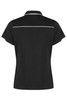 A black polo shirt with white piping detail, featuring a collar and short sleeves. It has a logo.