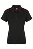 A black polo shirt with red accents and a collar, featuring a logo on the chest.