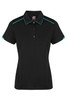 A black polo shirt with turquoise accents, featuring a collar and short sleeves, and a logo on the label.