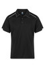 A black polo shirt featuring white accents, with a collar and short sleeves. Includes a branding logo.