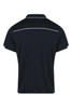 A navy blue polo shirt with contrasting white detailing, featuring a classic collar and short sleeves.