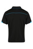 A black polo shirt with blue accents and a logo, featuring a classic collar and short sleeves.