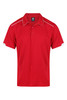 A red men's polo shirt with white accents and a logo on the front. Short-sleeved design.