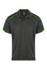 A dark green polo shirt featuring bright green accents and a logo on the chest.
