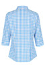 A blue and white checked button-up shirt with 3/4 sleeves and a collar, featuring a logo.