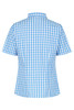 A short-sleeved button-up shirt in blue and white check pattern, featuring a classic collar and a logo.