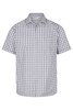 A short-sleeve button-up shirt featuring a grey and white checkered pattern, with a single chest pocket and a logo.